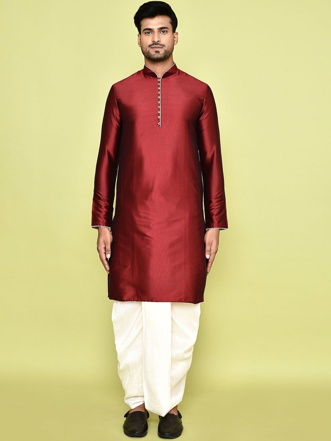 

Arihant Rai Sinha Mandarin Collar Long Sleeves Regular Kurta With Dhoti Pant, Maroon