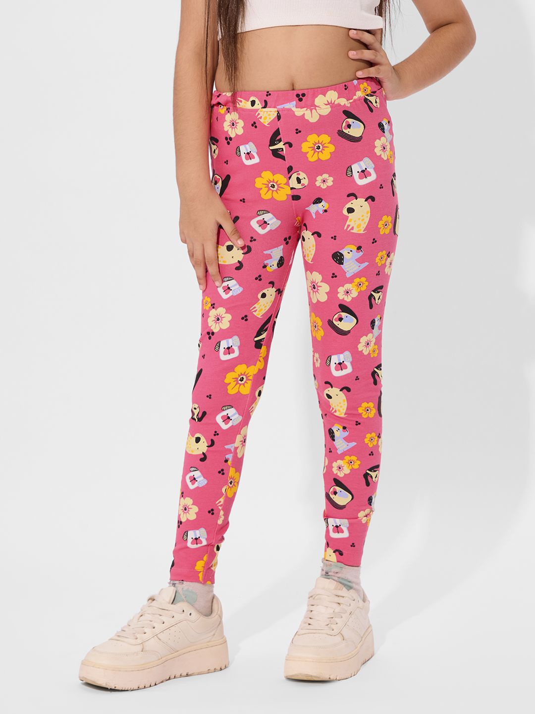 

The Souled Store Girls Floral Printed Ankle Length Leggings, Pink