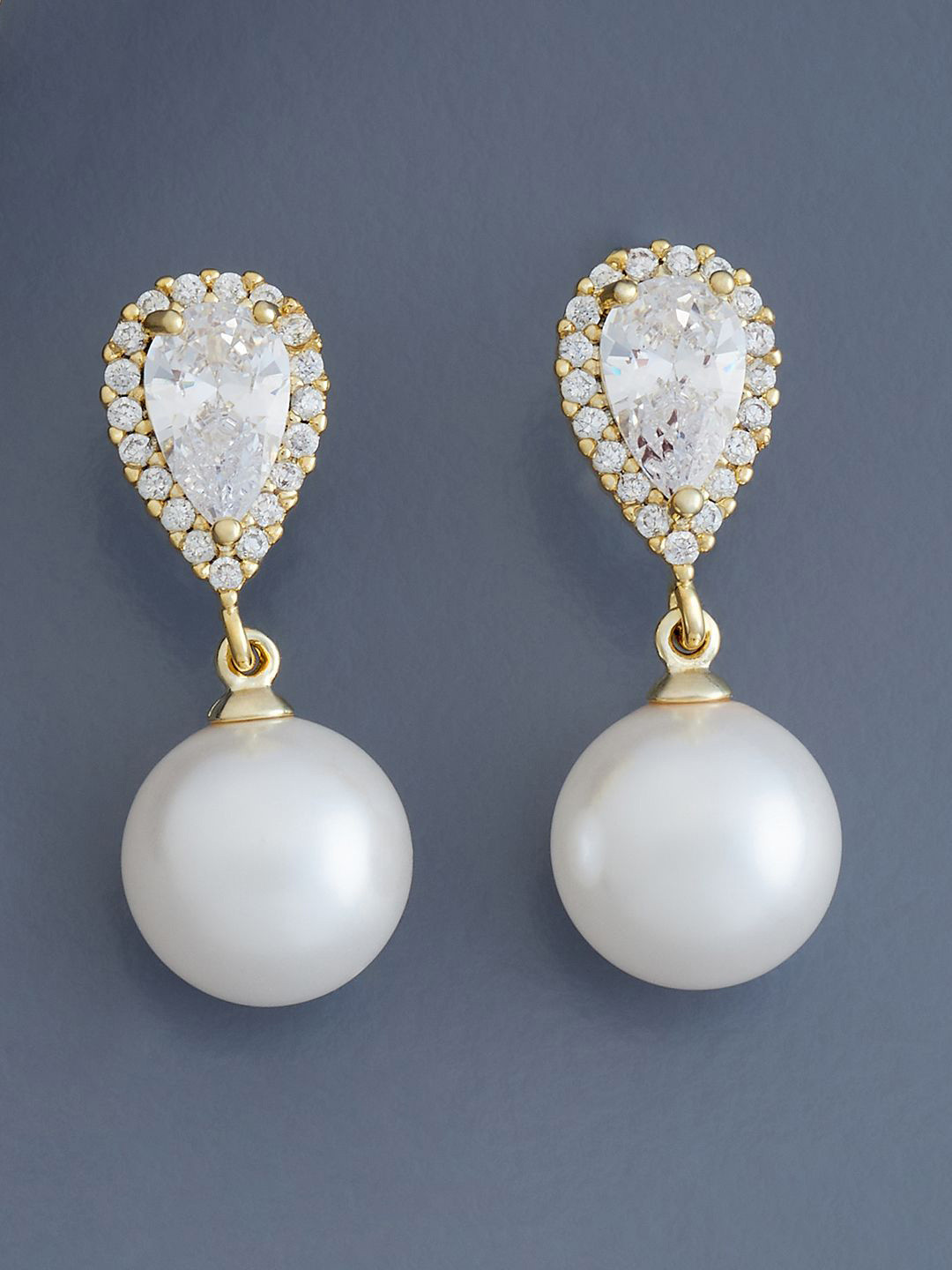 

Kushal's Fashion Jewellery Gold-Plated Teardrop Shaped Cubic Zirconia Drop Earrings