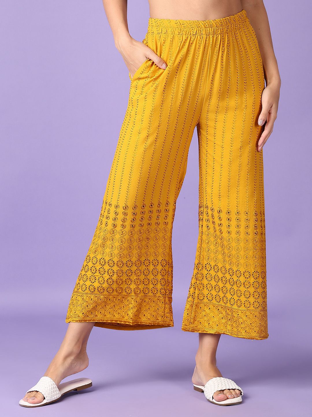 

V-Mart Women Abstract Embroidered Knitted Ethnic Palazzos, Mustard