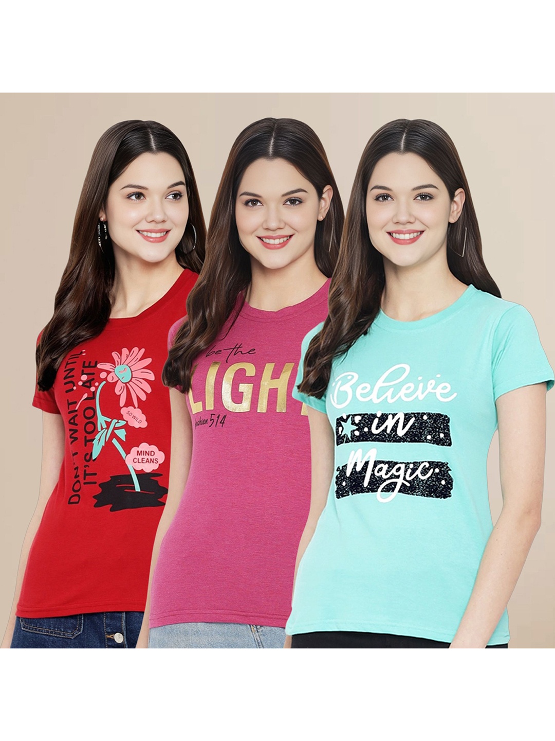 

Metronaut Women Pack Of 3 Typography Printed Round Neck Cotton T-shirts, Red