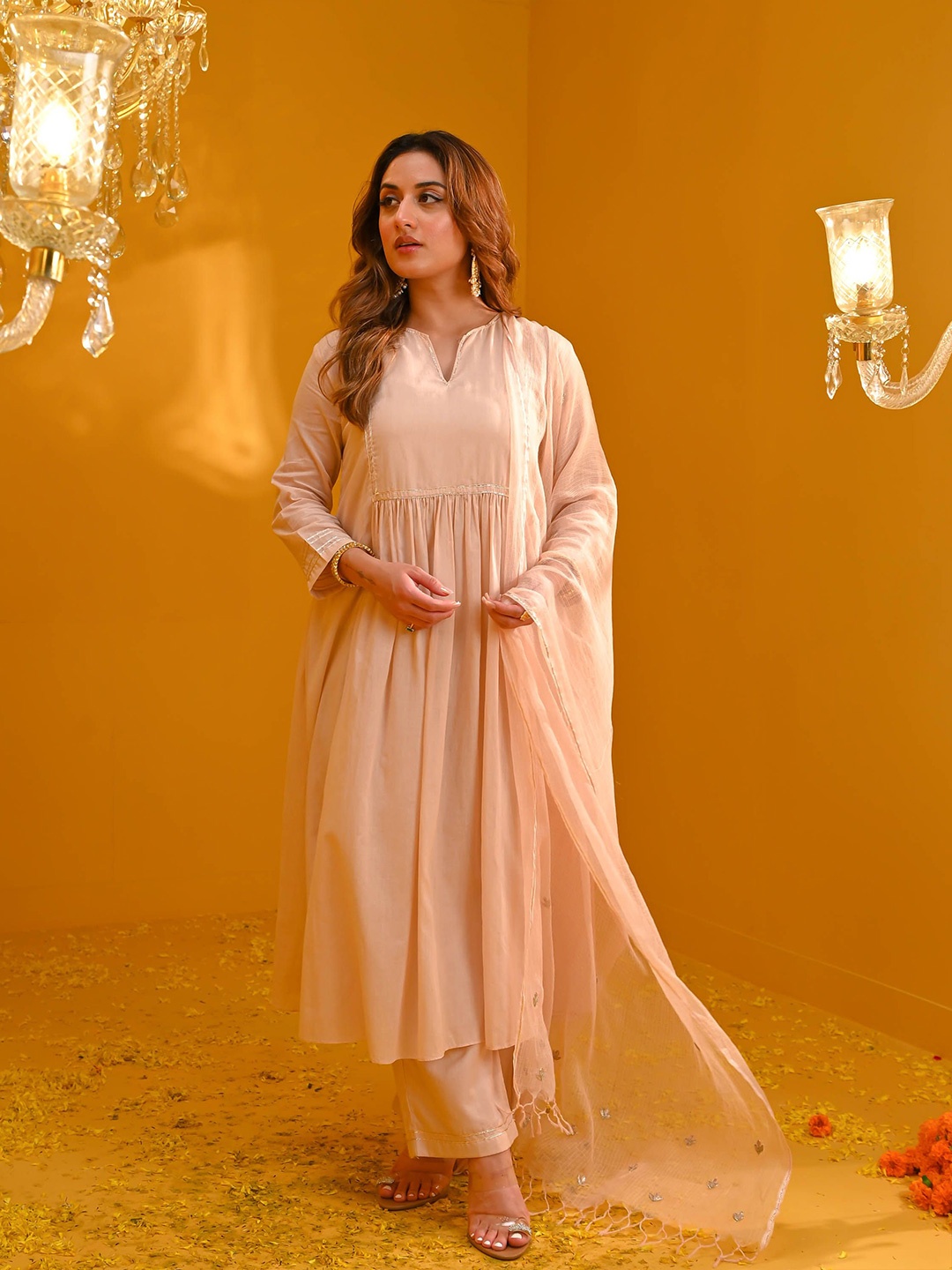 

Bunaai Gotta Patti Empire Anarkali Kurta With Palazzo & Dupatta, Pink
