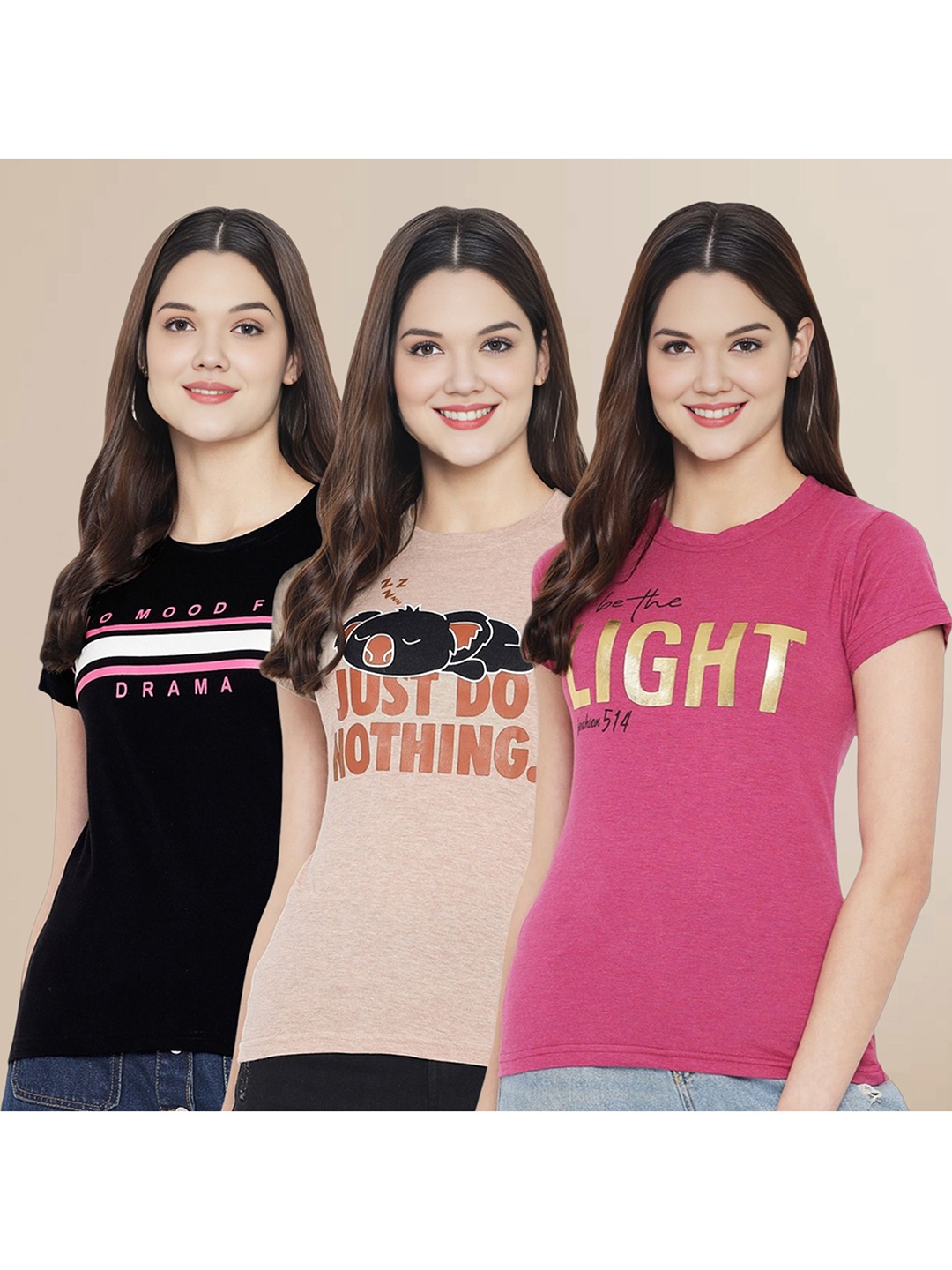 

Metronaut Women Pack Of 3 Typography Printed Round Neck Cotton T-shirts, Black