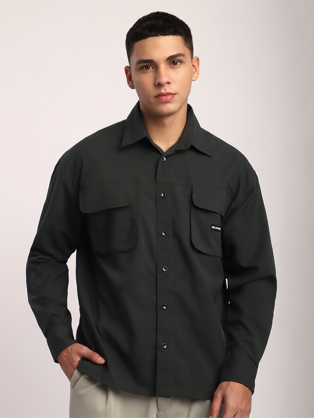 

Beyoung Men Club Collar Solid Cotton Casual Shirt, Black