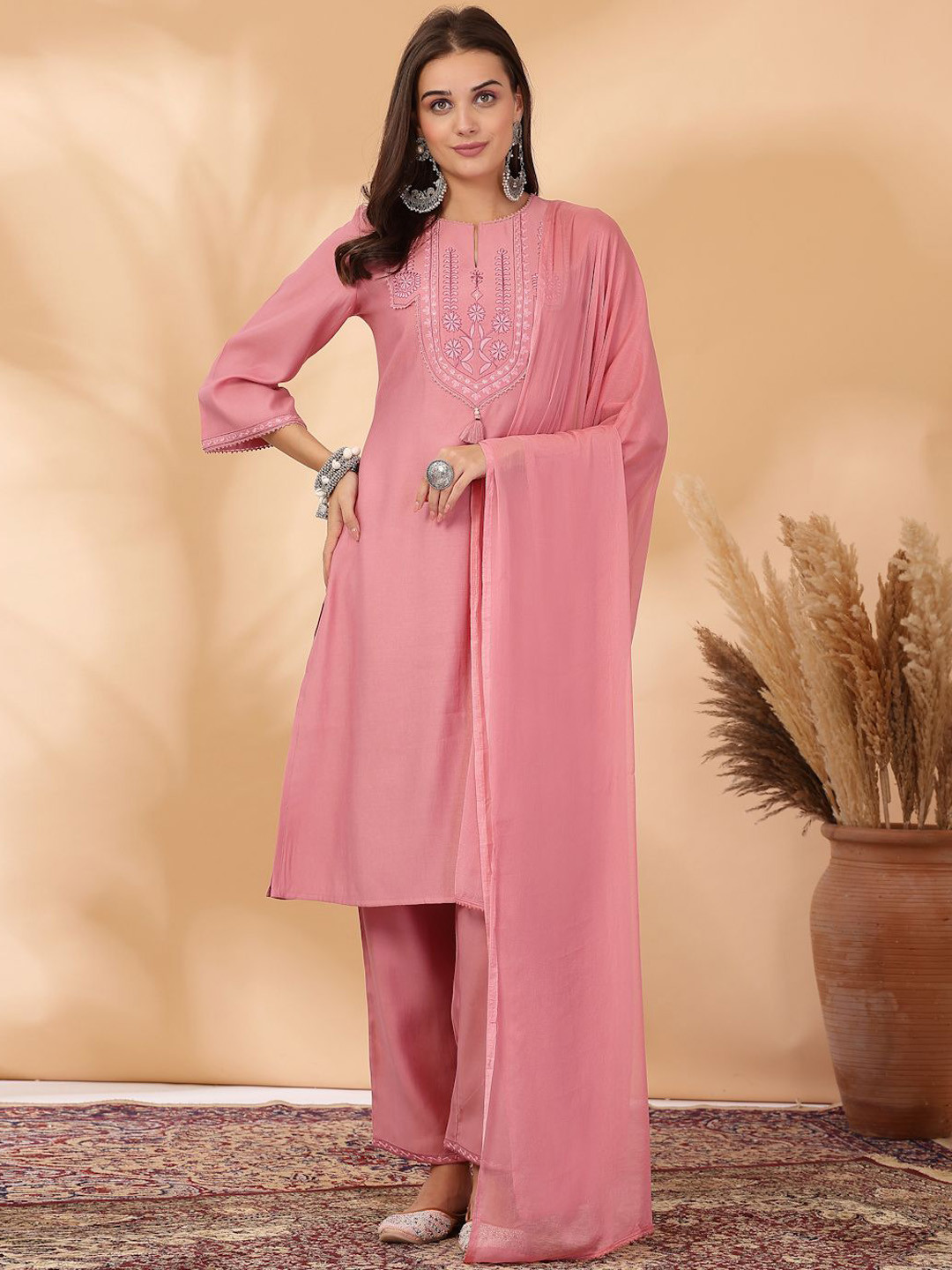 

Nayam By Lakshita Ethnic Motifs Embroidered Kurta with Palazzo & Dupatta, Pink