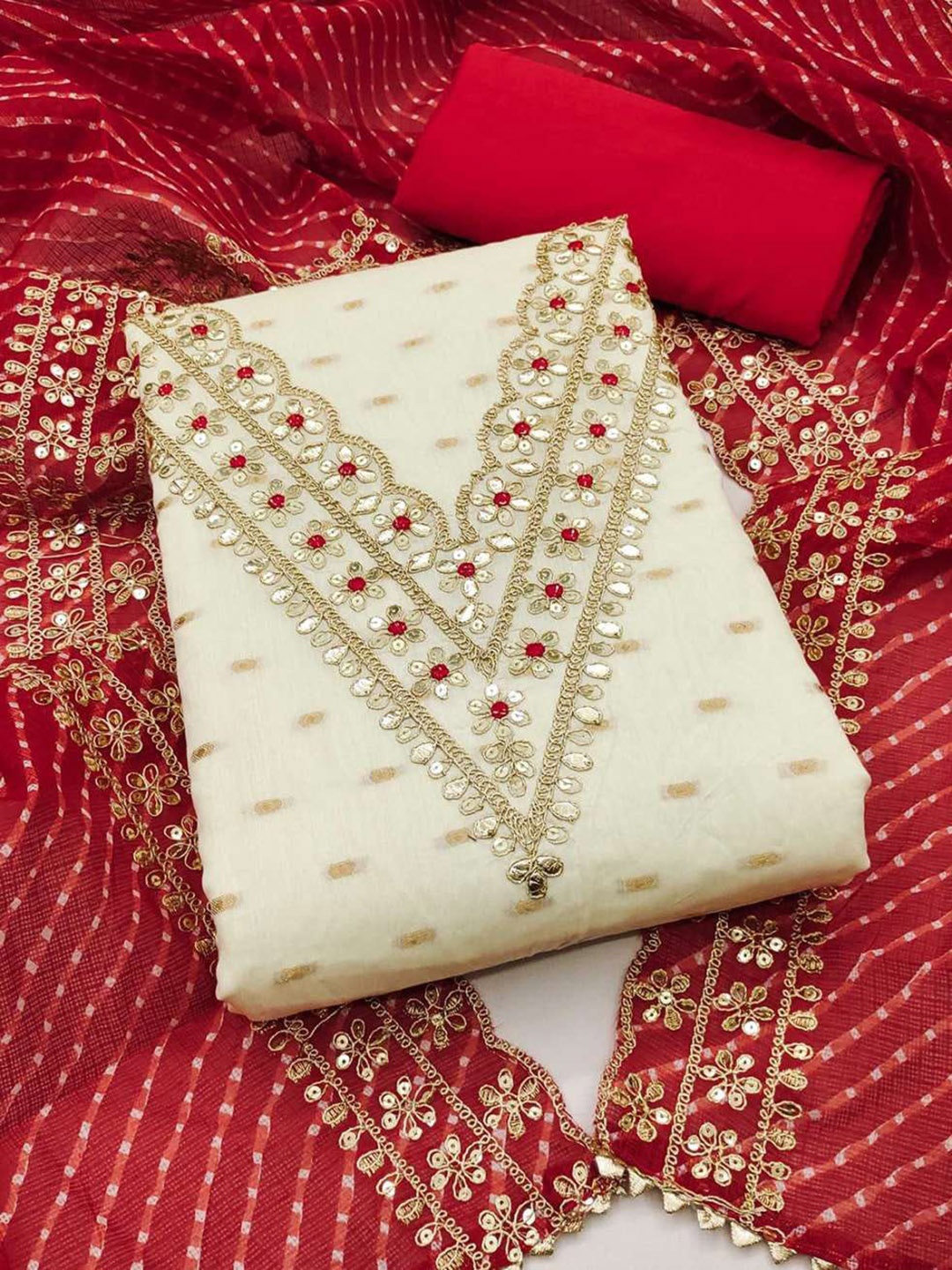 

Maroosh Embroidered Sequinned Unstitched Dress Material, Cream