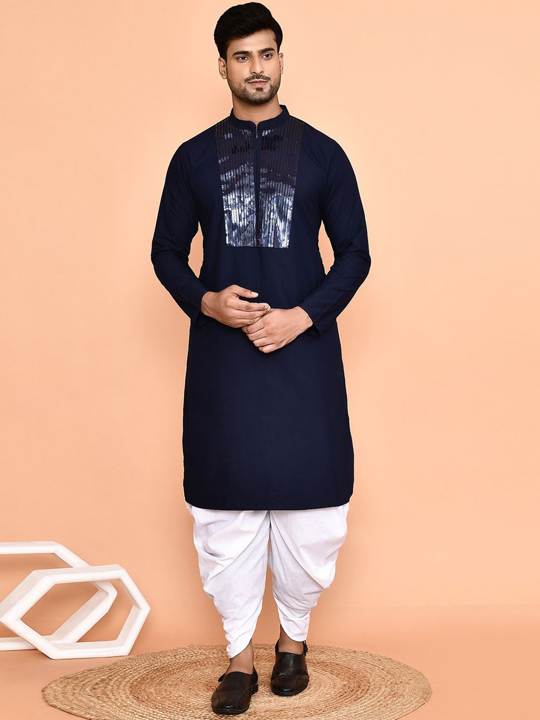 

Arihant Rai Sinha Mandarin Collar Long Sleeves Sequinned Pure Cotton Kurta & Patiala, Navy blue