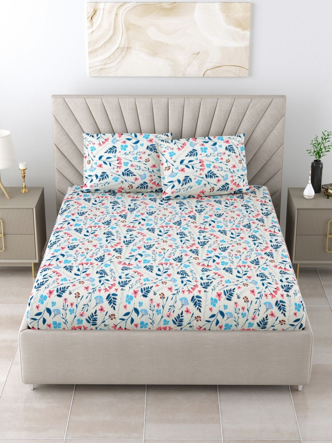 

BOMBAY DYEING Epigram Blue Floral Cotton 144 TC Queen Bedsheet Set 2.24 m x 2.54 m