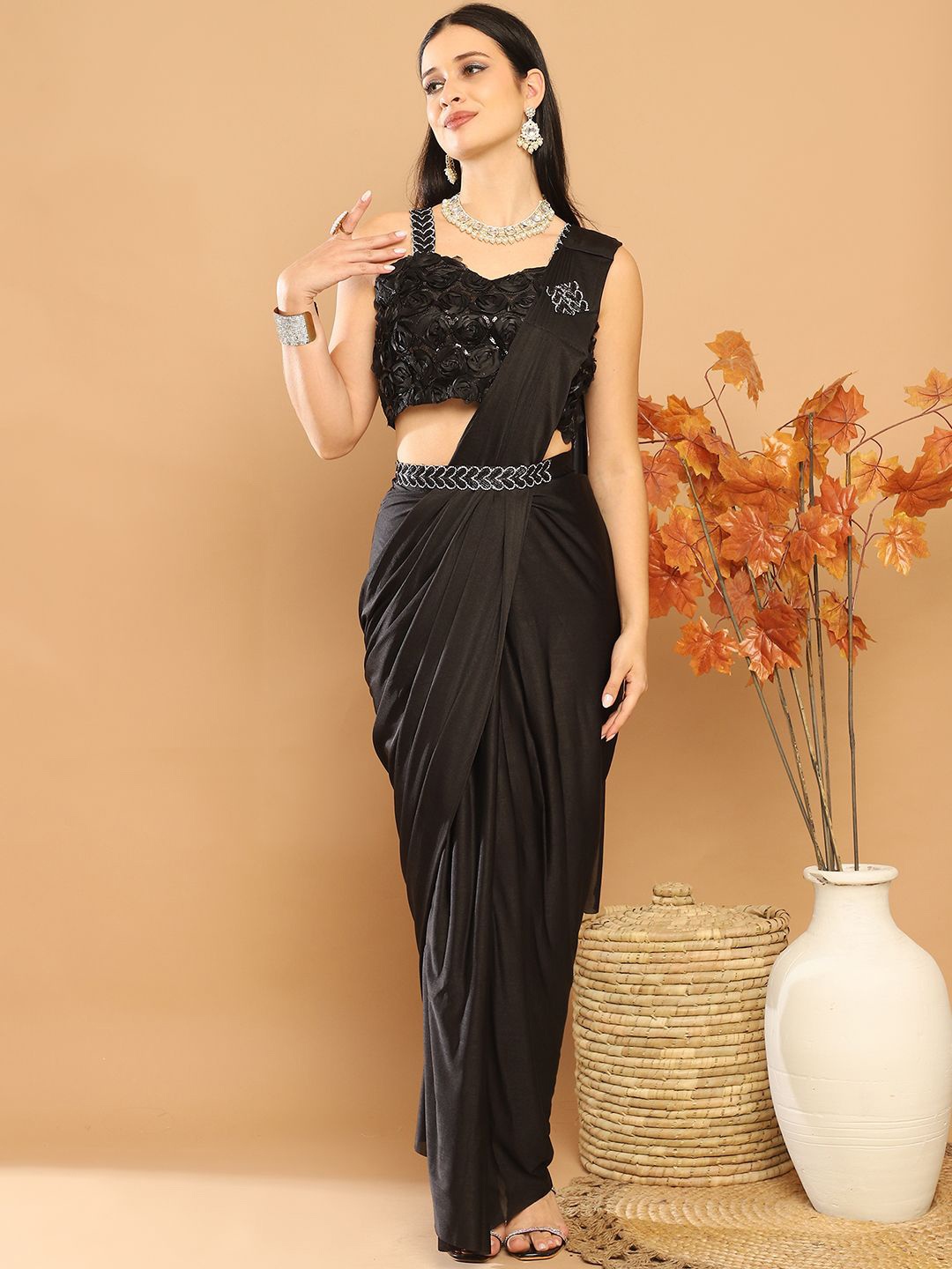 

Mitera Beads and Stones Ready to Wear Saree with Stitched Blouse, Black