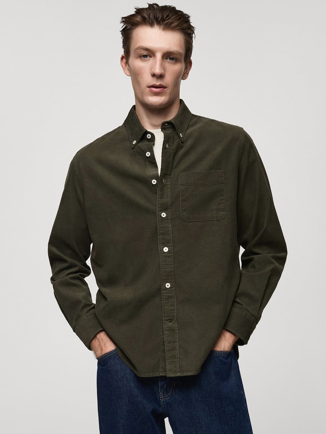 

MANGO MAN Button-Down Collar Pure Cotton Casual Shirt, Olive