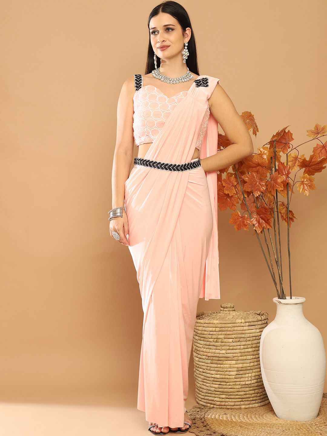 

Mitera Beads and Stones Ready to Wear Saree, Peach