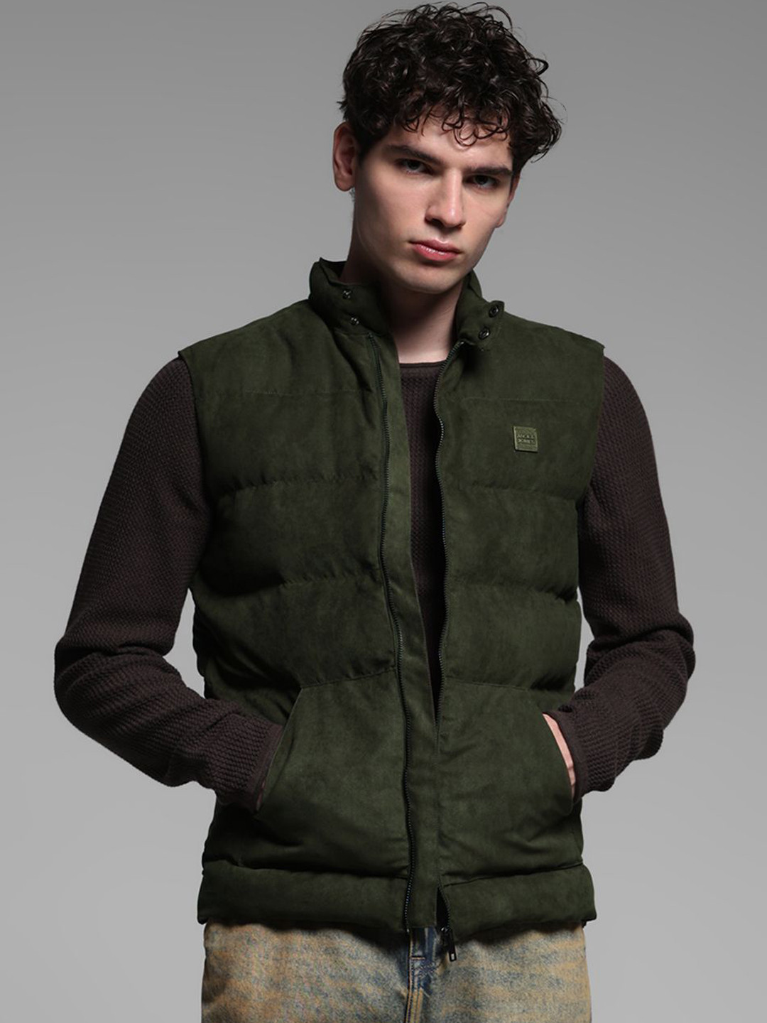 

Jack & Jones Men Mock Collar Solid Casual Puffer Jacket, Olive