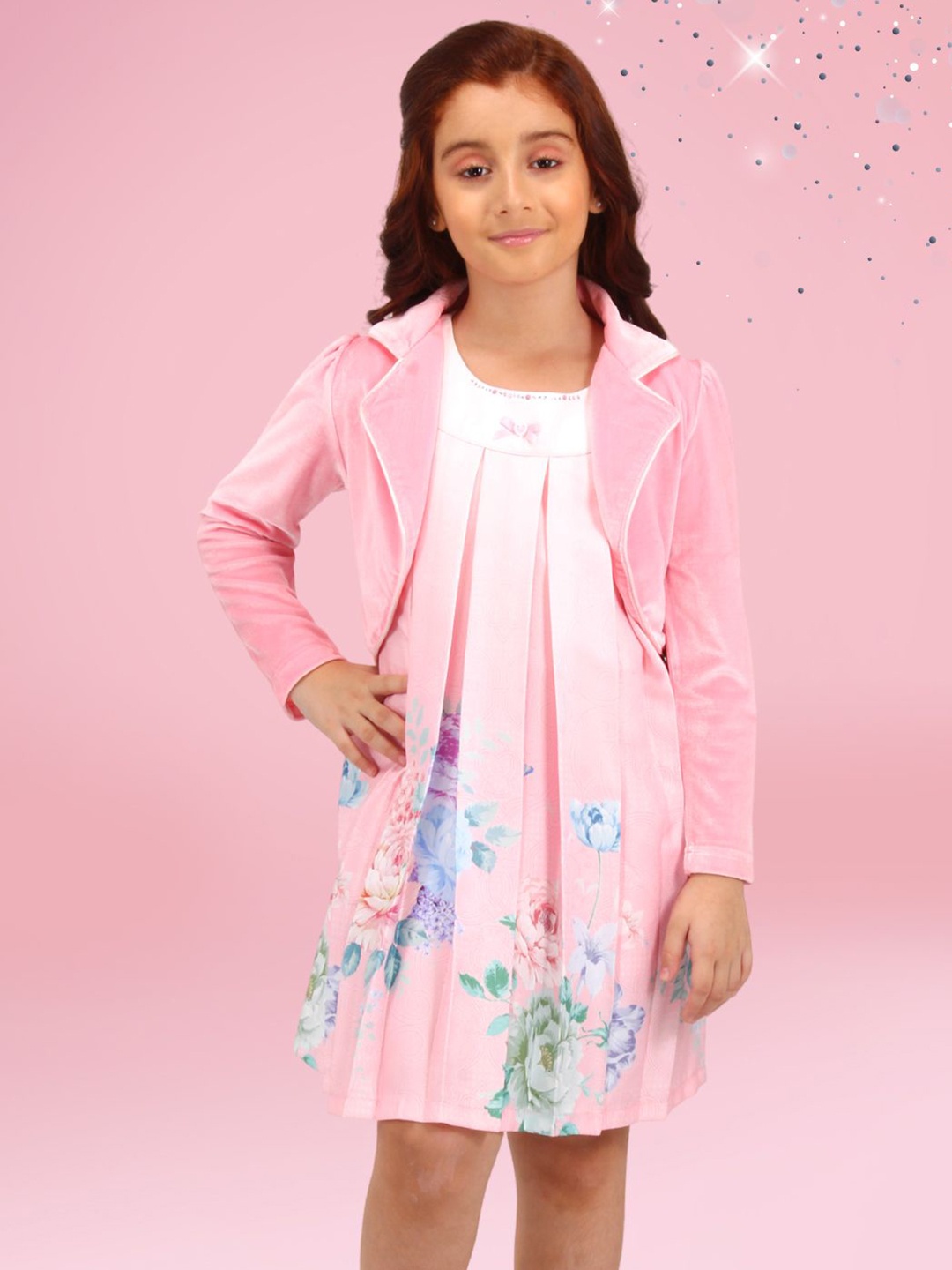 

CUTECUMBER Girls Floral Print Velvet A-Line Dress With Jacket, Pink