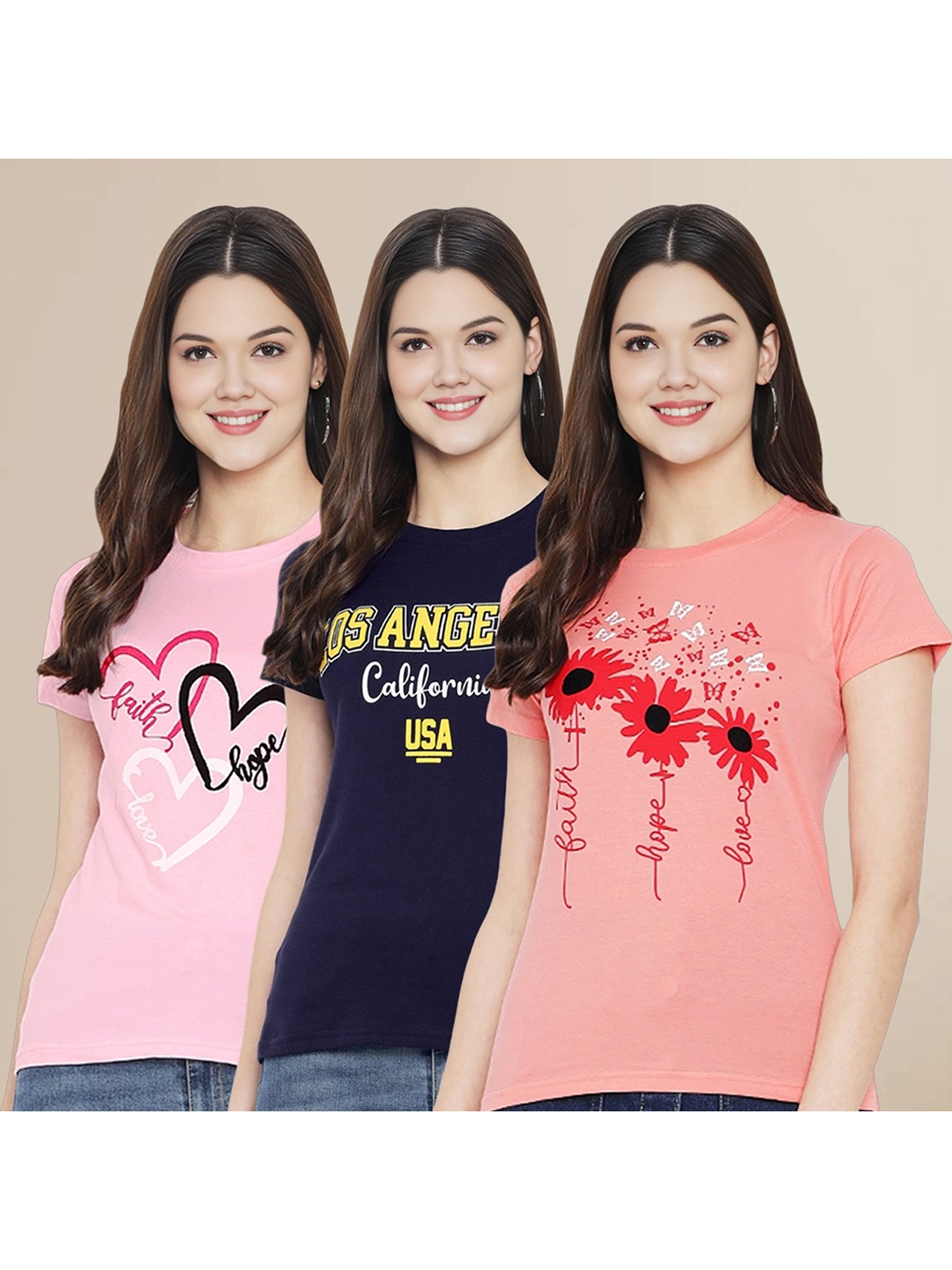 

Metronaut Women Pack Of 3 Typography Printed Round Neck Cotton T-shirts, Pink