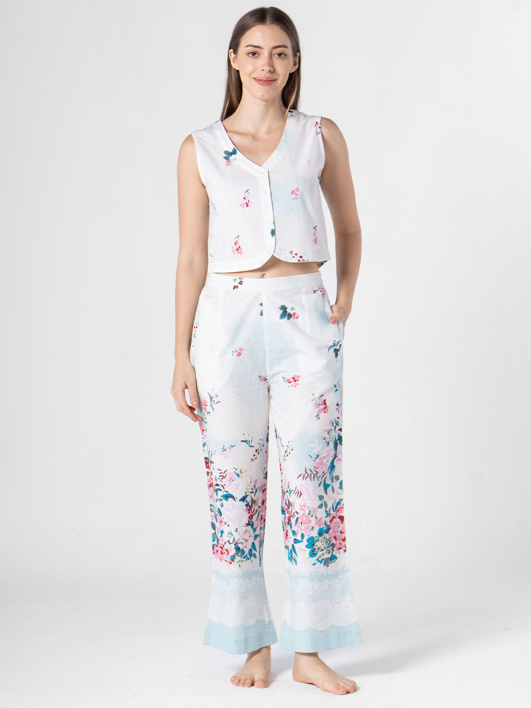 

SANSKRUTIHOMES Floral Printed Top With Pyjamas, Off white