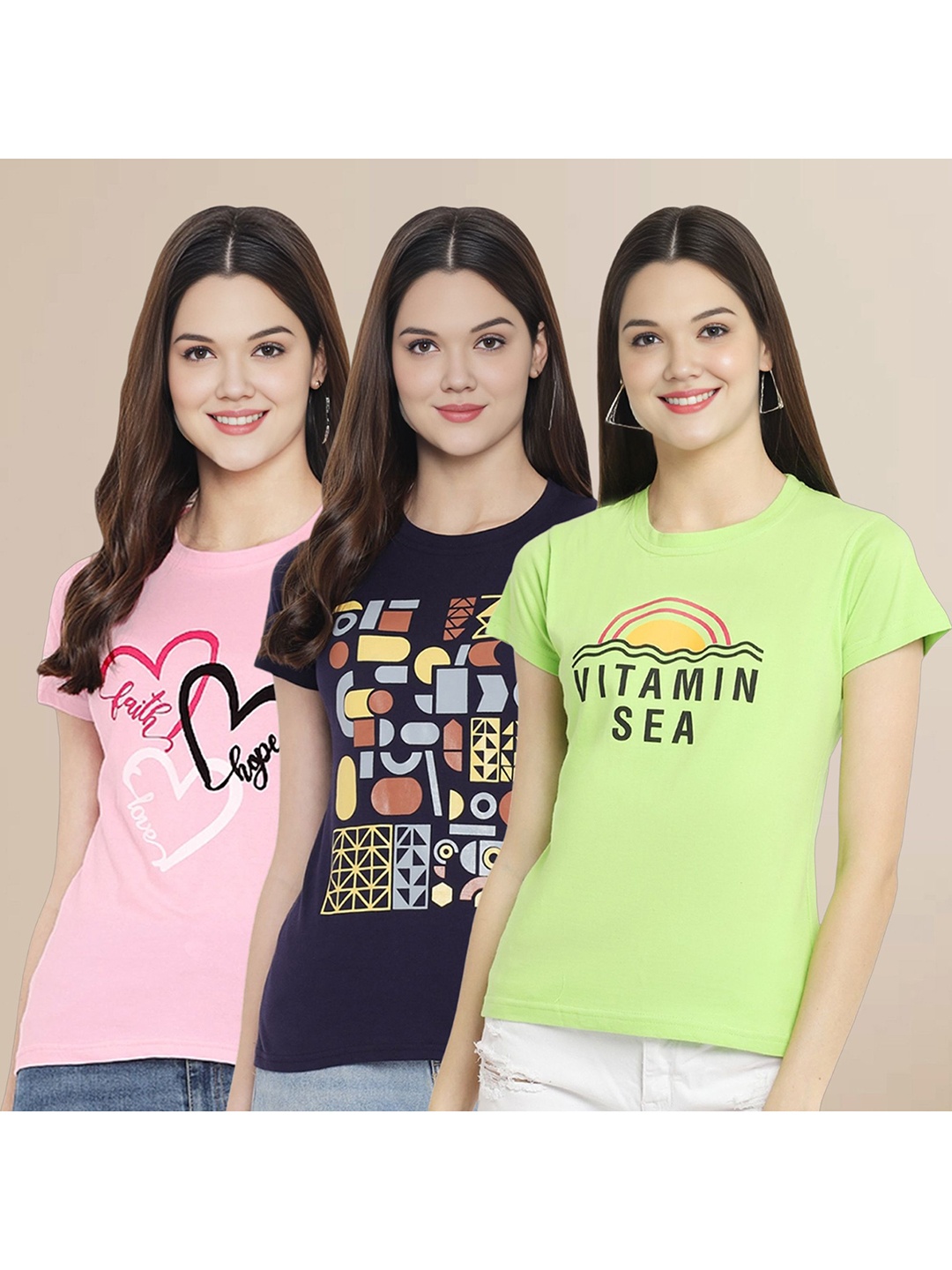 

Metronaut Women Pack Of 3 Typography Printed Round Neck Cotton T-shirts, Pink