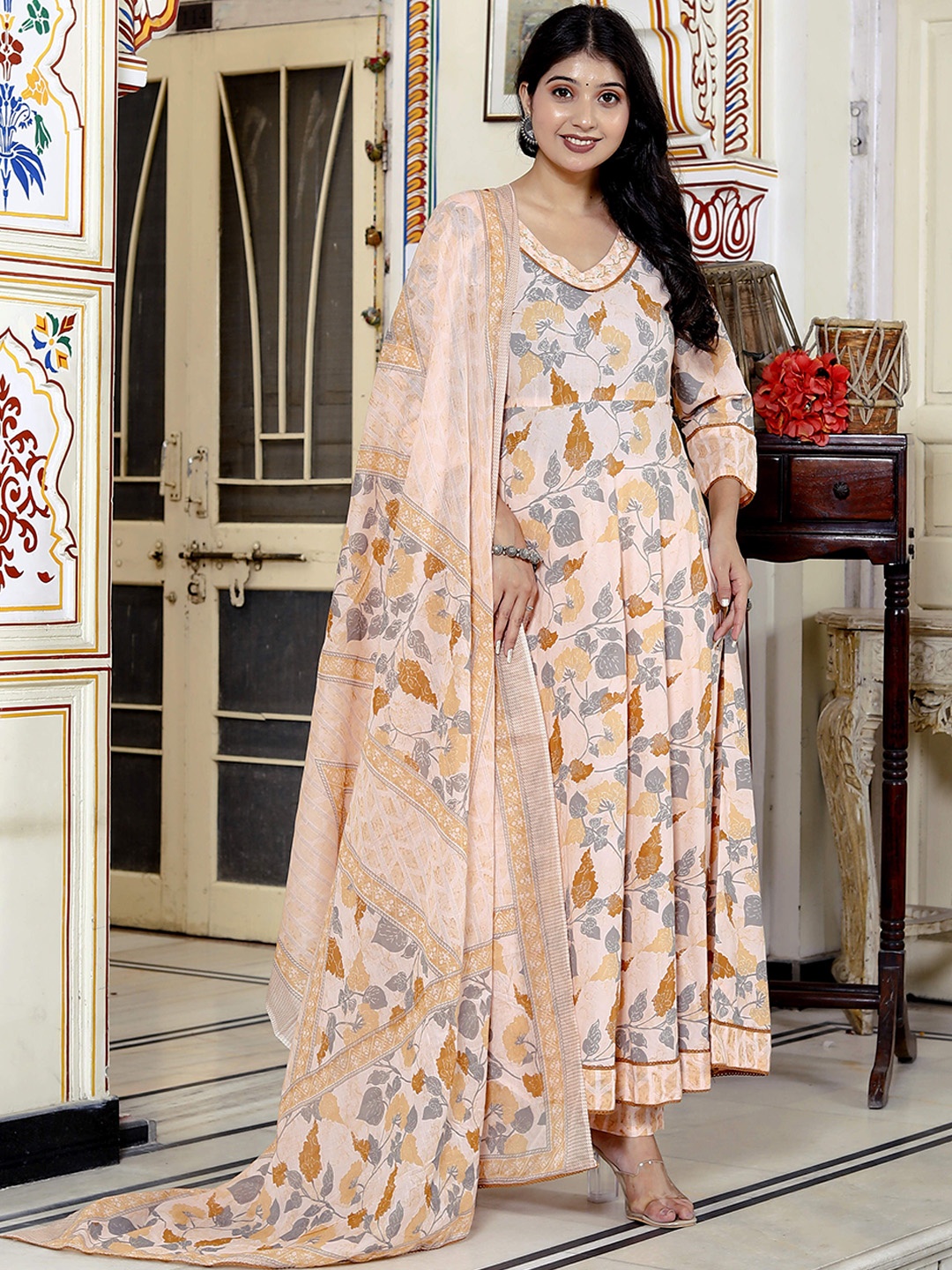 

FABISTA V-Neck Floral Printed Pure Cotton Kurta with Trousers & Dupatta, Cream