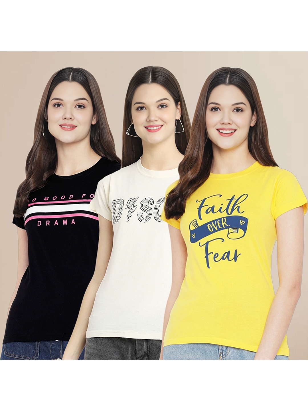 

Metronaut Women Pack Of 3 Typography Printed Round Neck Cotton T-shirts, Black