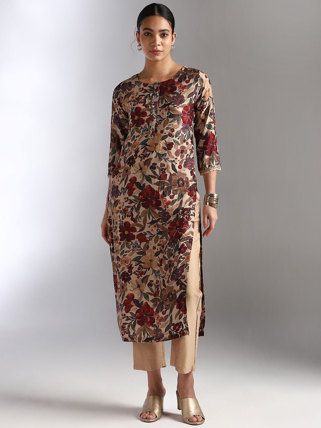 

House Of Dharaa Round Neck Floral Printed Raw Silk Straight Kurta with Trouser & Dupatta, Beige