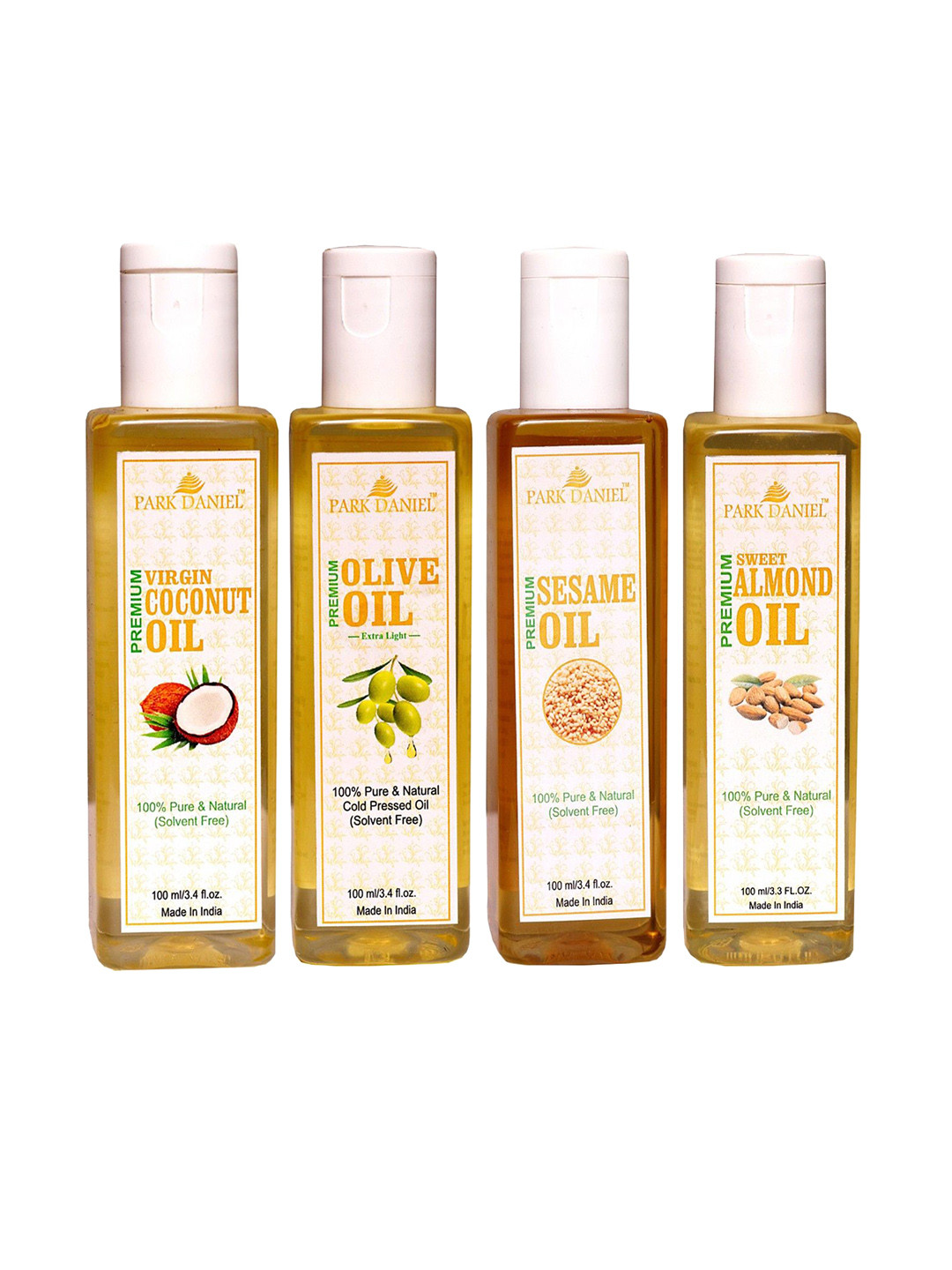 

Park Daniel Set Of 4 Coconut, Olive, Sesame, Almond Oil For Skin & Hair - 100 ml Each, Transparent