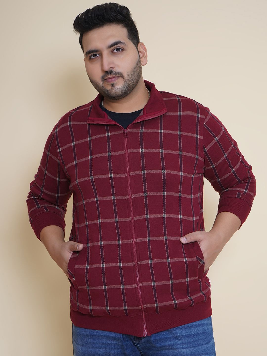 

John Pride Men Plus Size Checked Cotton Sweatshirt, Red