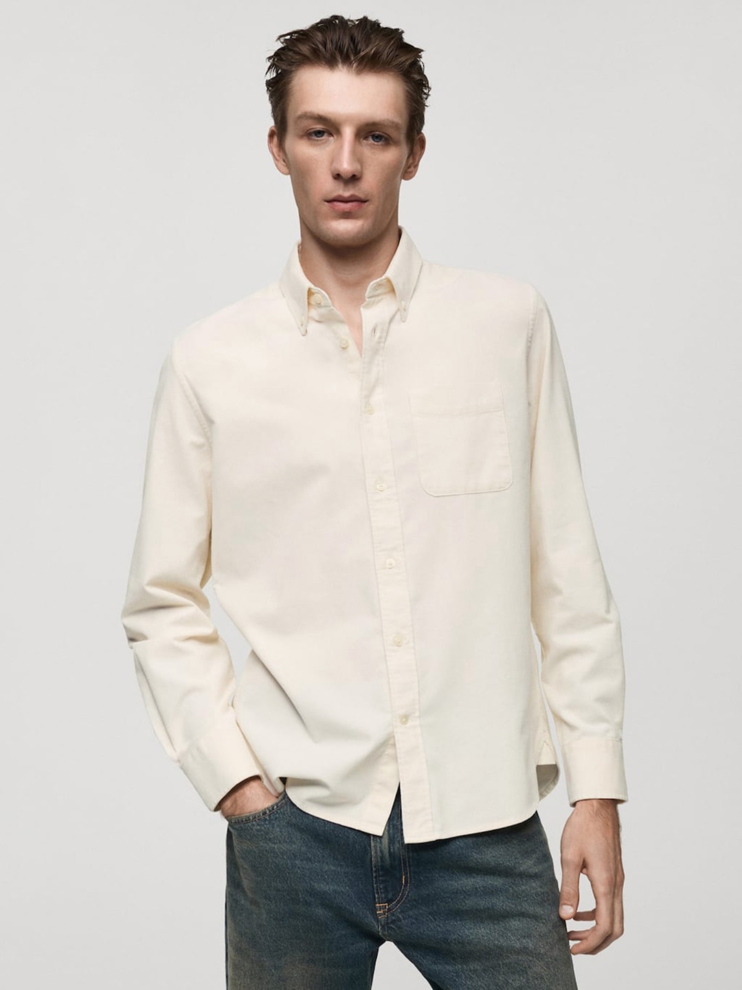 

MANGO MAN Button-Down Collar Pure Cotton Casual Shirt, Cream