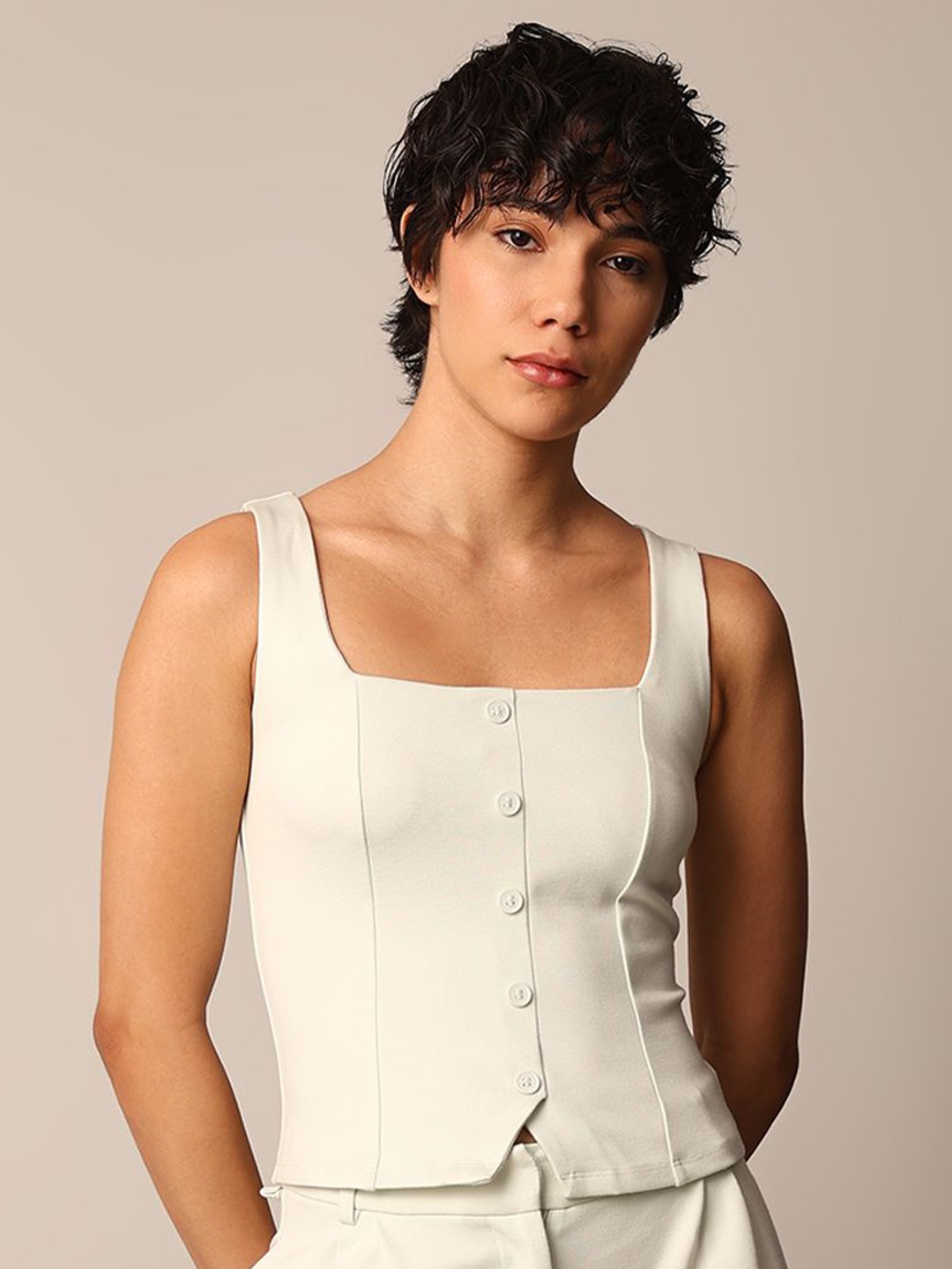 

ONLY Women Solid Tank Top, Cream