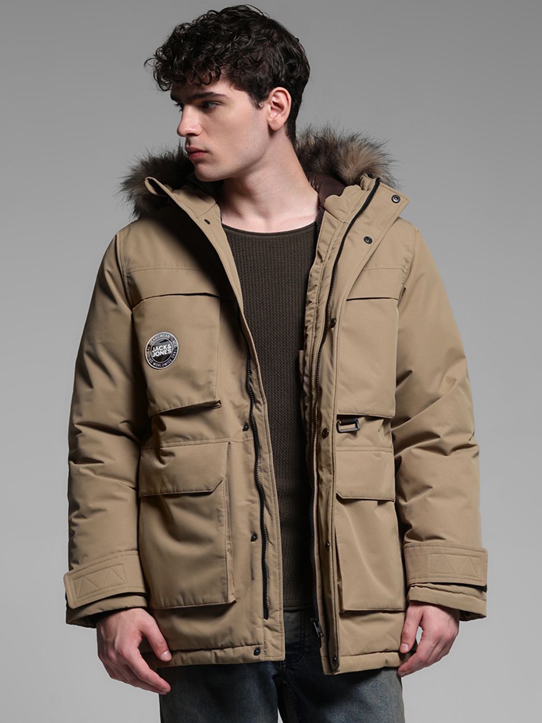 

Jack & Jones Men Hooded Solid Casual Parka Jacket, Beige