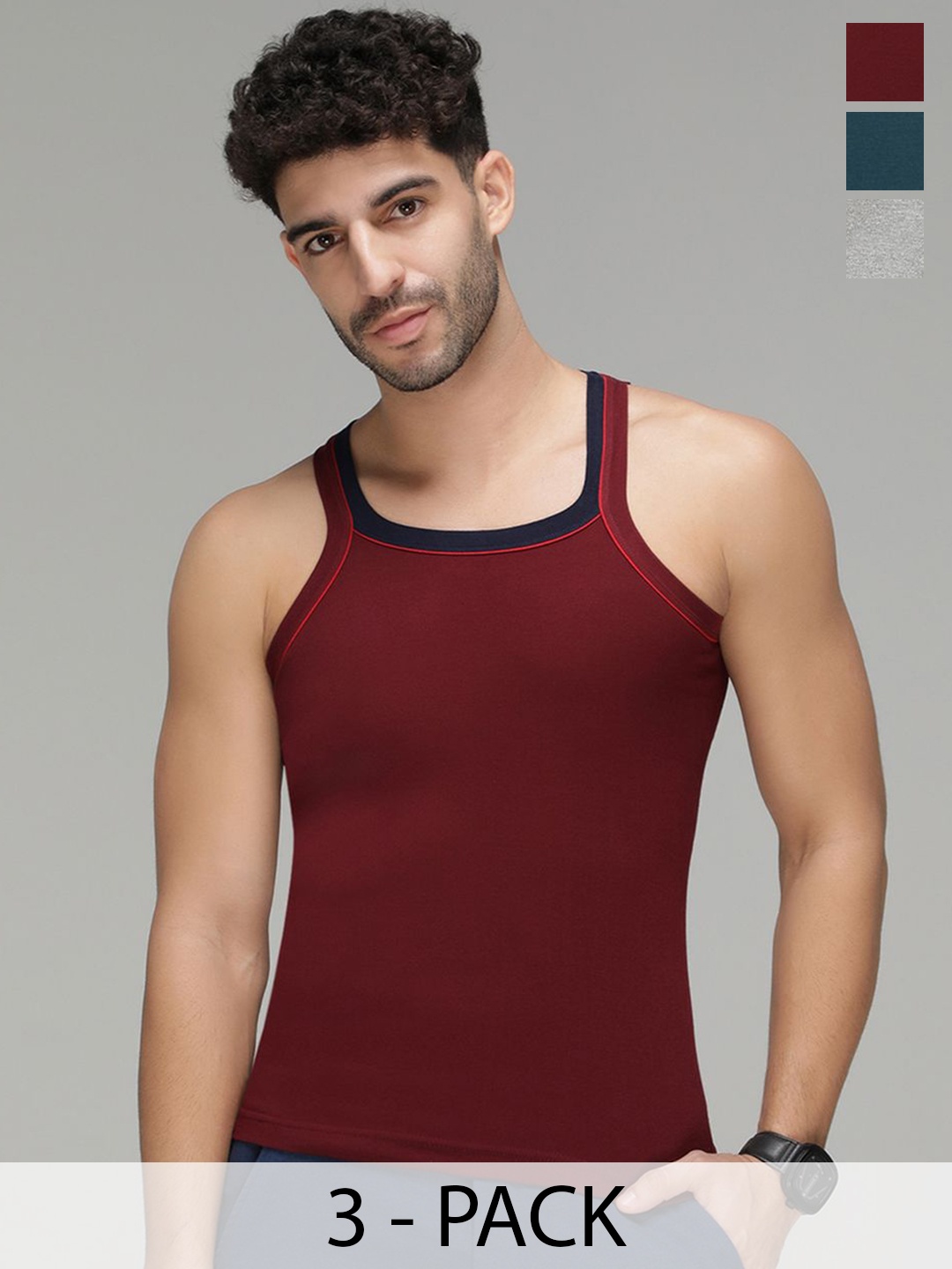 

AMUL COMFY Pack Of 3 Pure Cotton Gym Vests AC-VE-GVESTDF-MULTI1-XS-3PC, Teal