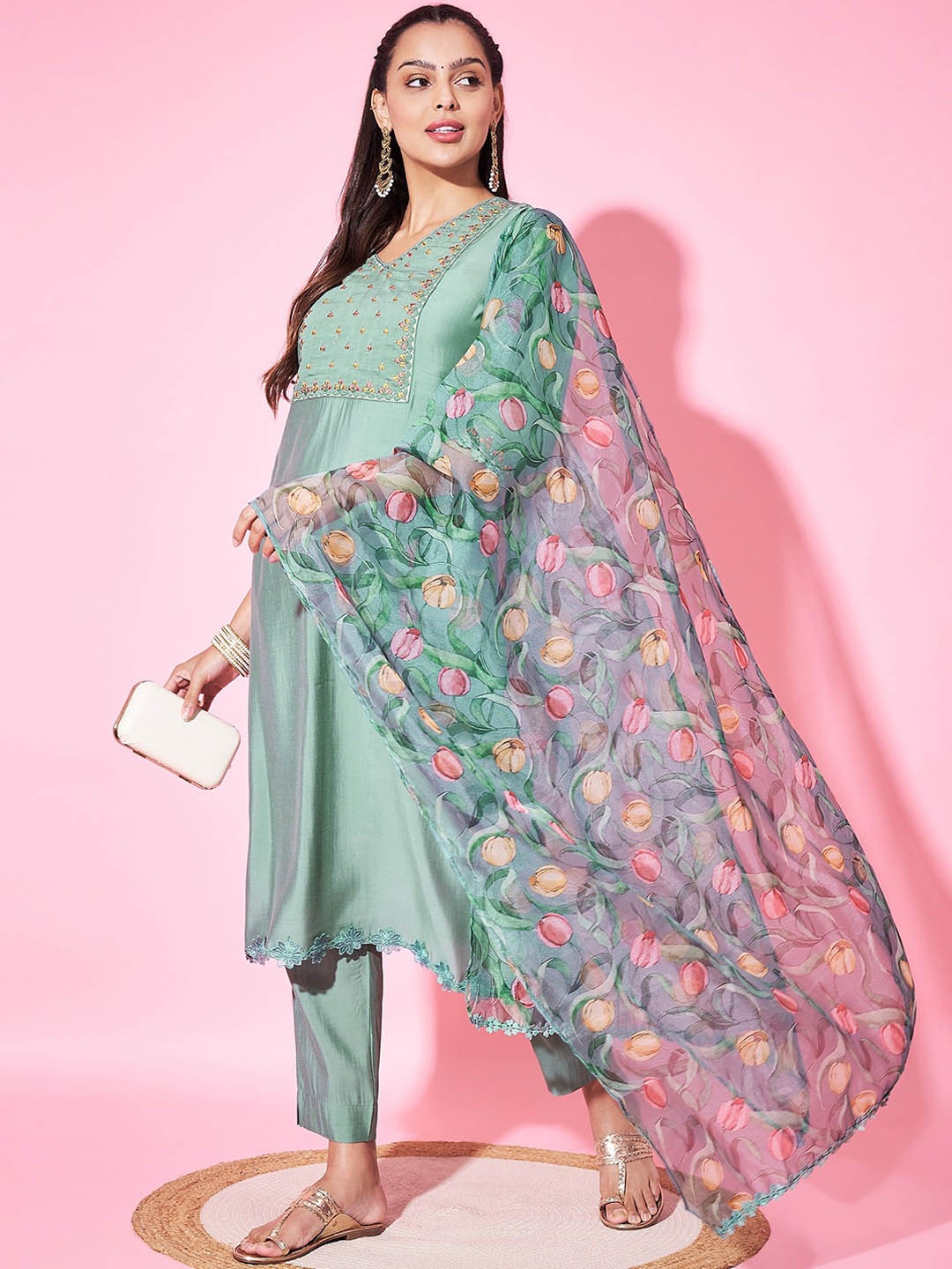 

all about you Floral Embroidered Thread Work Straight Kurta with Trousers & Dupatta, Sea green