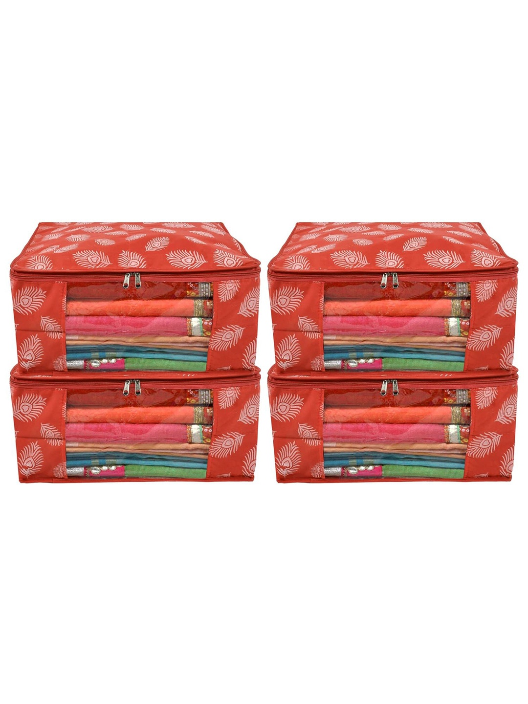 

Kuber Industries Red 4 Pieces Leaf Printed Multi-Utility Saree Organisers