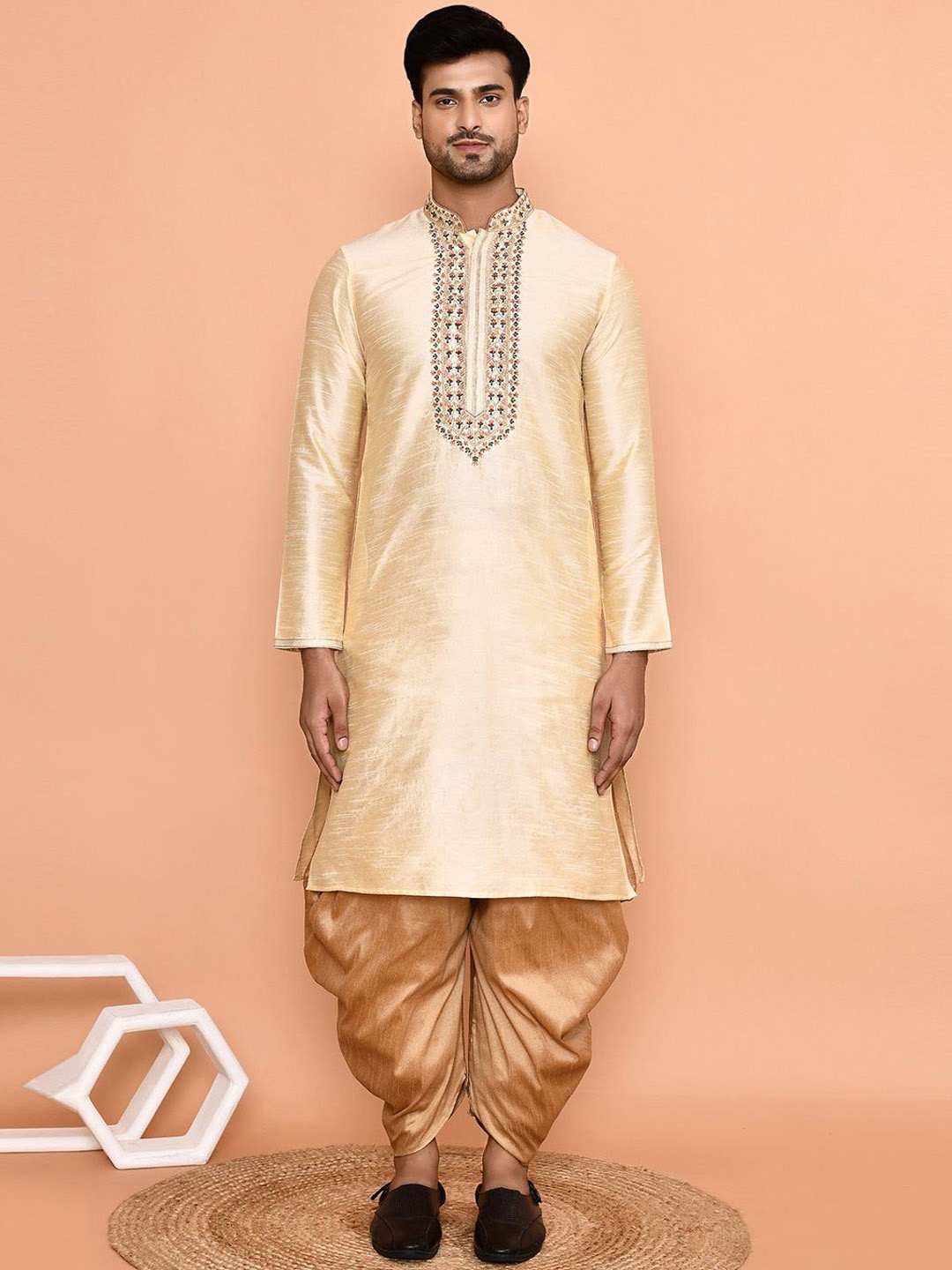 

Arihant Rai Sinha Floral Embroidered Regular Dupion Silk Straight Kurta With Patiala, Beige