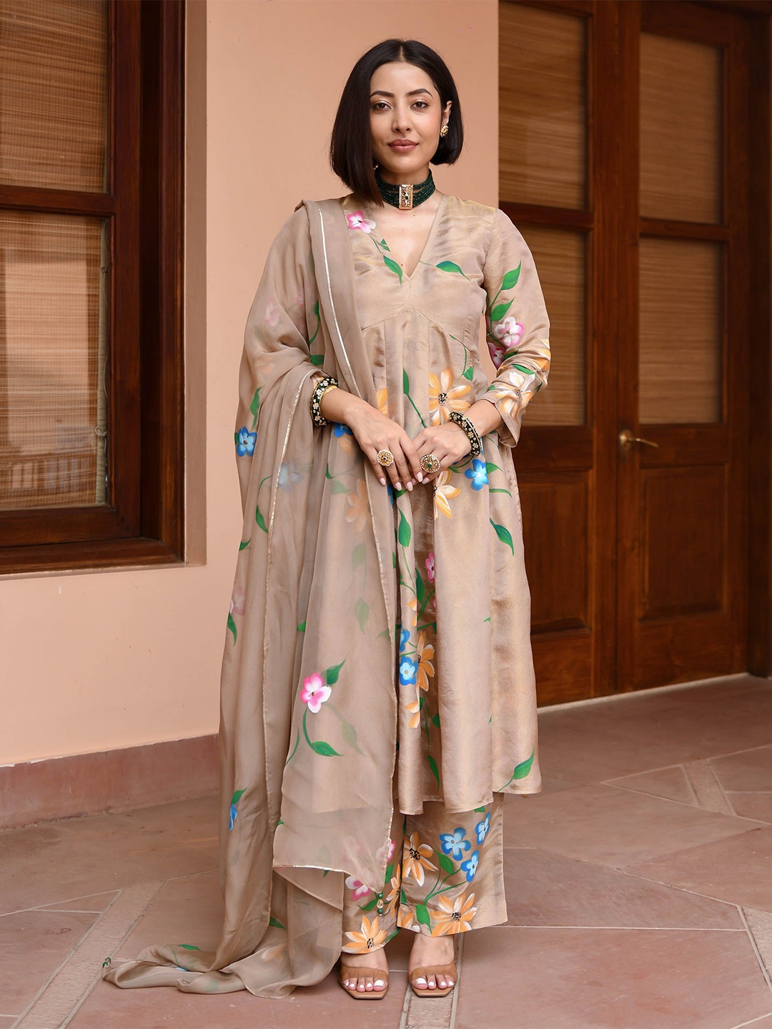 

Bunaai Floral Printed A-Line Tissue Silk Kurta with Trousers & Dupatta, Brown