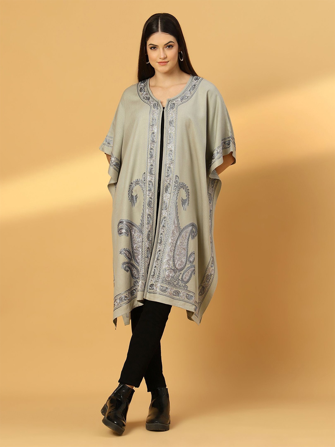 

Zamour Paisley Kashmiri Embroidered Open Front Pheran Shrug, Grey