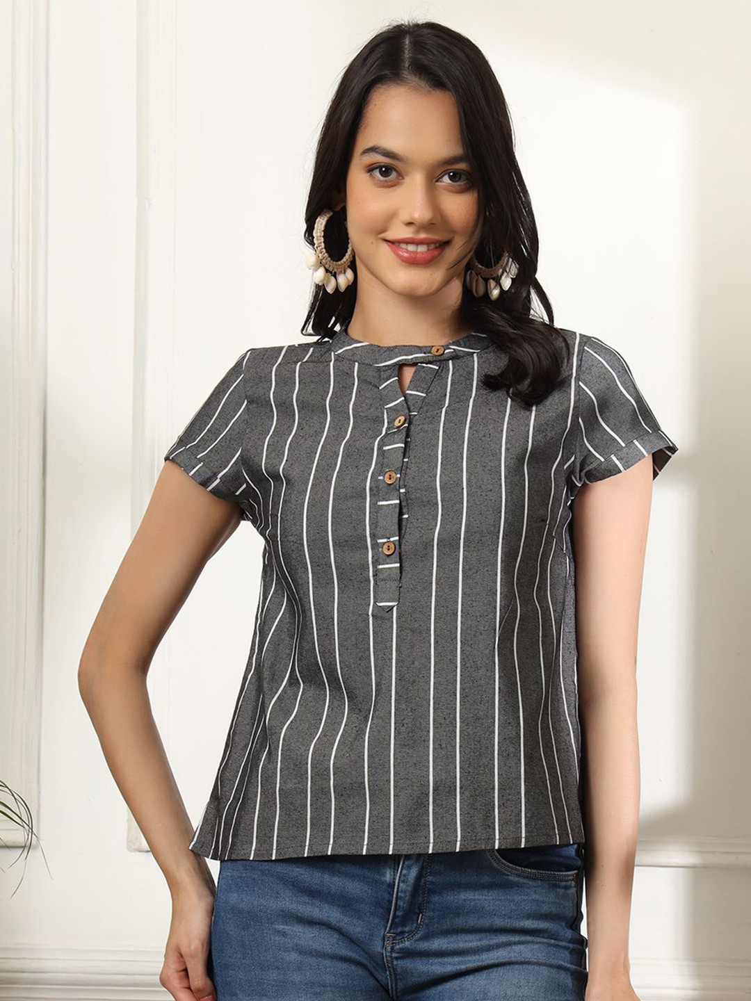 

Anouk Rustic Vertical Stripes Striped Cotton Shirt Style Regular Top, Grey