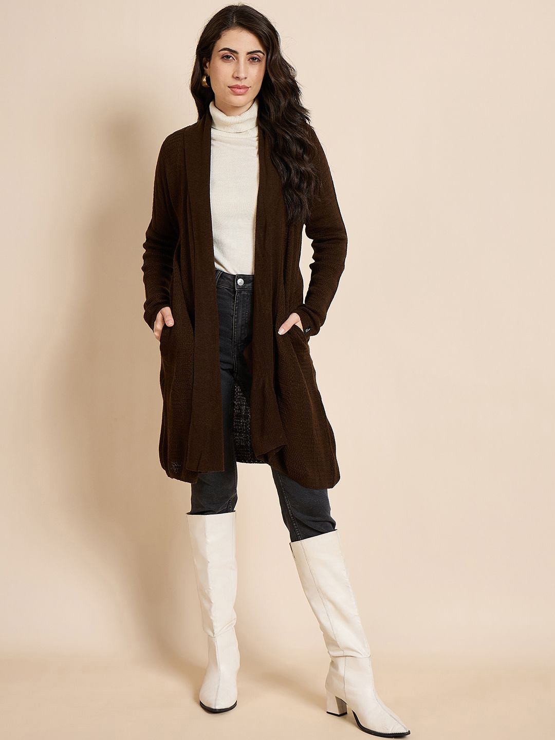 

CREATIVE LINE Self Design Shawl Collar Longline Woollen Open Front Shrug, Brown