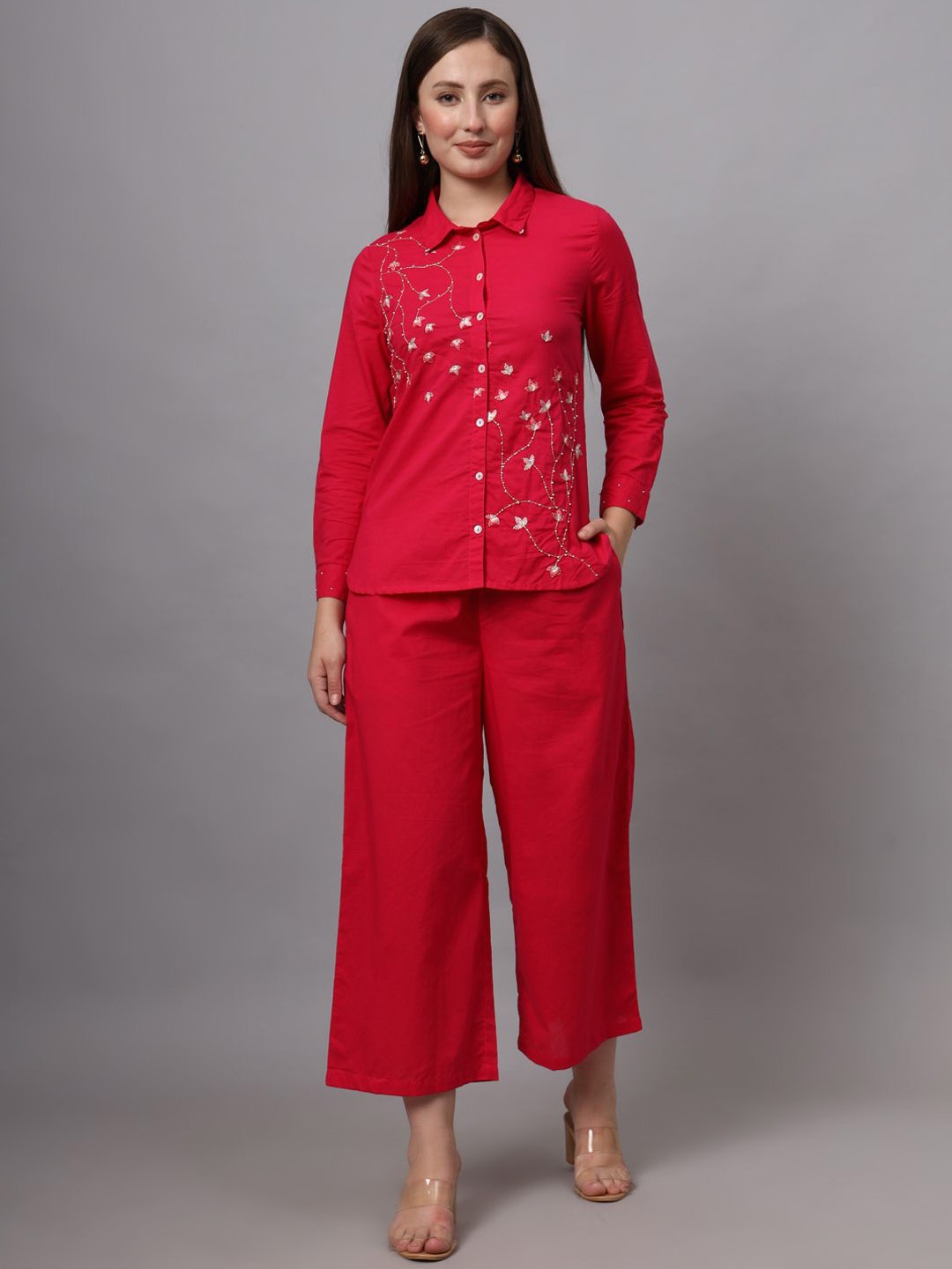 

CRAFTED FOR YOU Embroidered Pure Cotton Tunic With Palazzo, Red