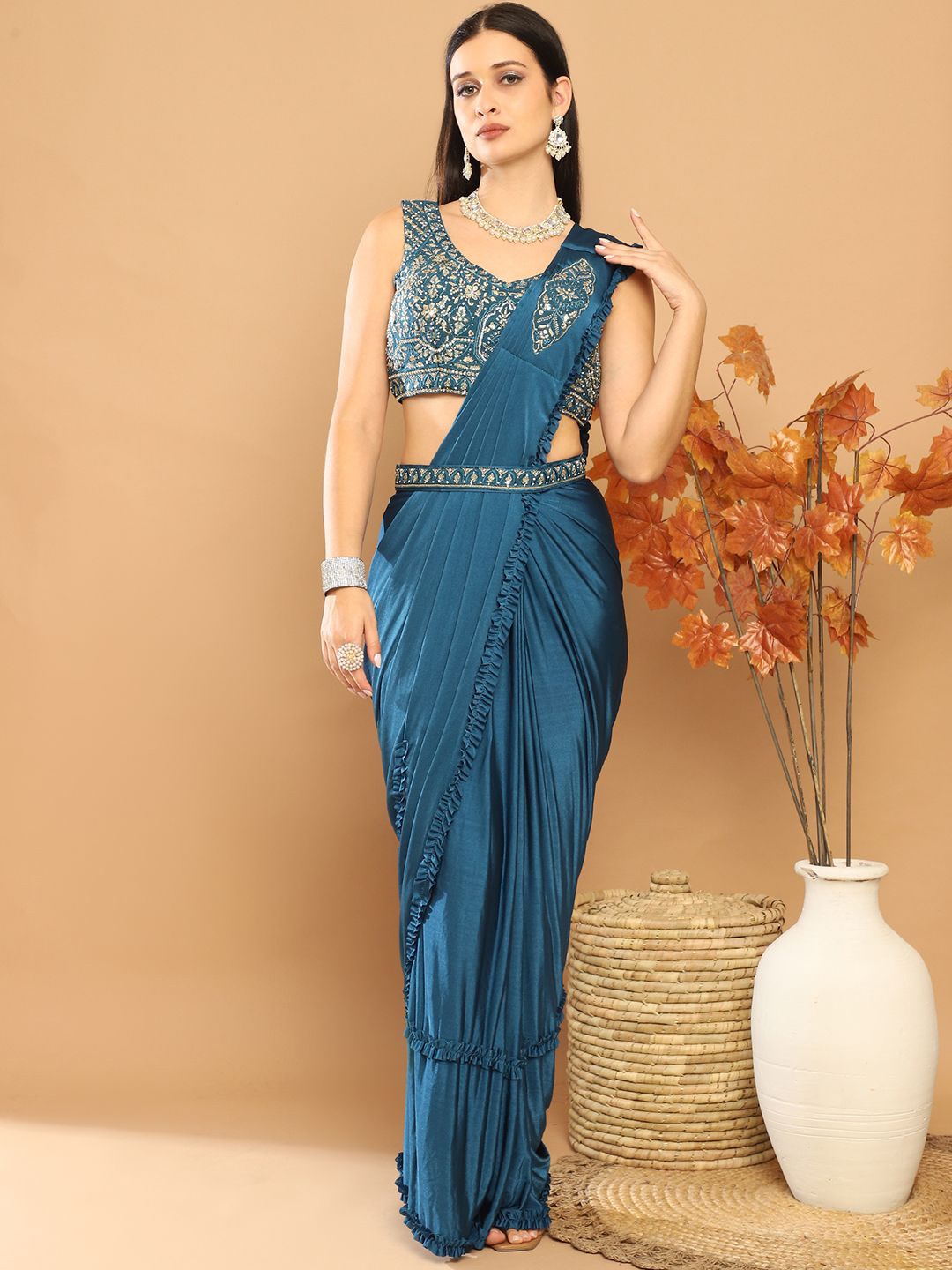 

Mitera Beads and Stones Ready to Wear Saree with Stitched Blouse, Teal