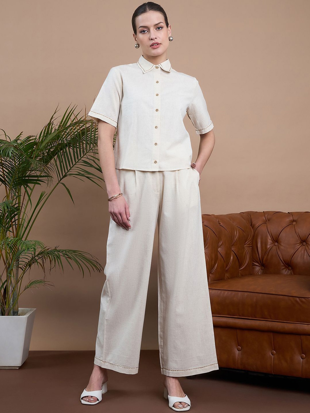 

Noi Linen Shirt With Trousers, Cream