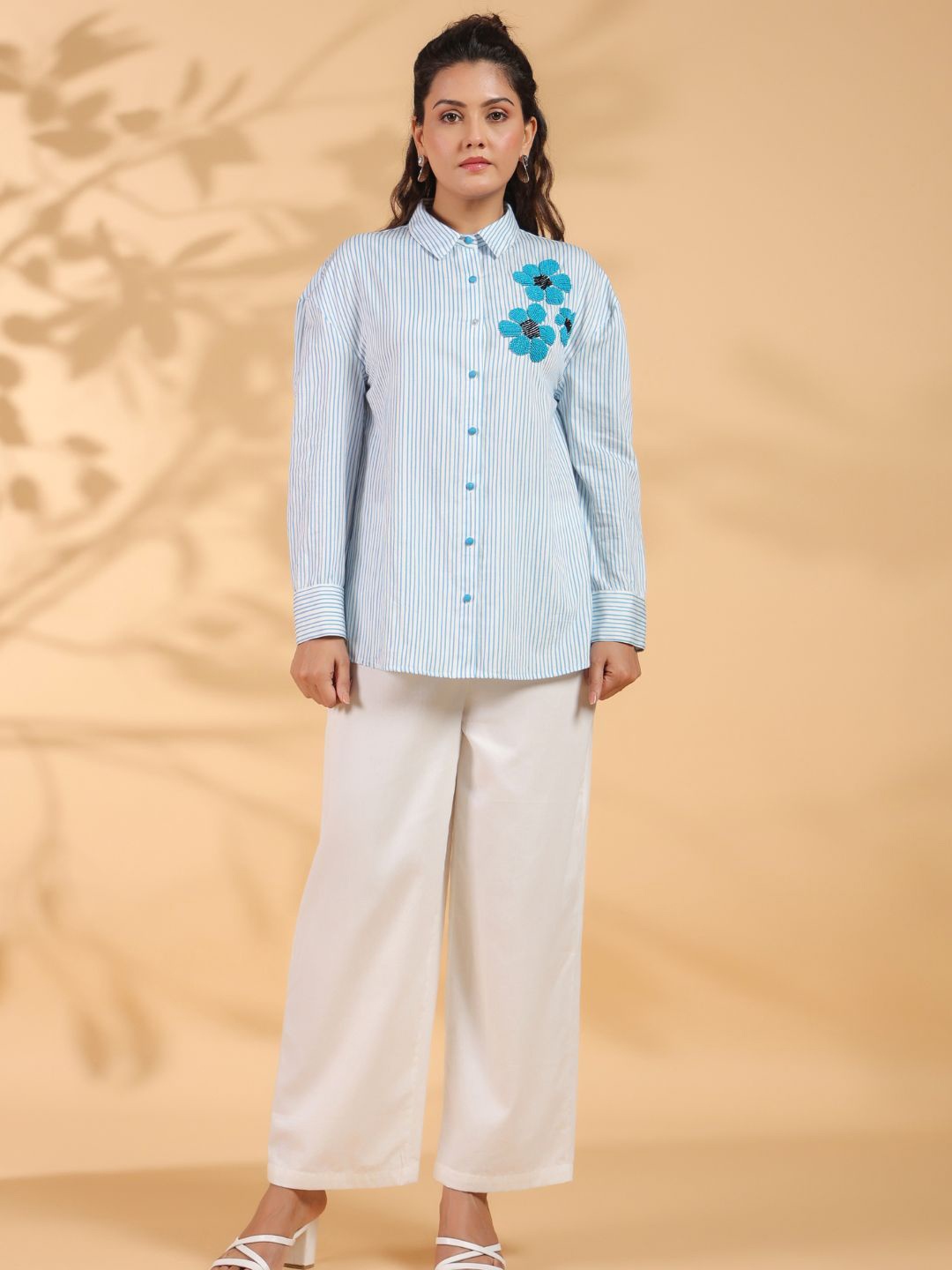 

Zolo Label Women Striped Printed Floral Studded Cotton Shirt Style Top, Blue