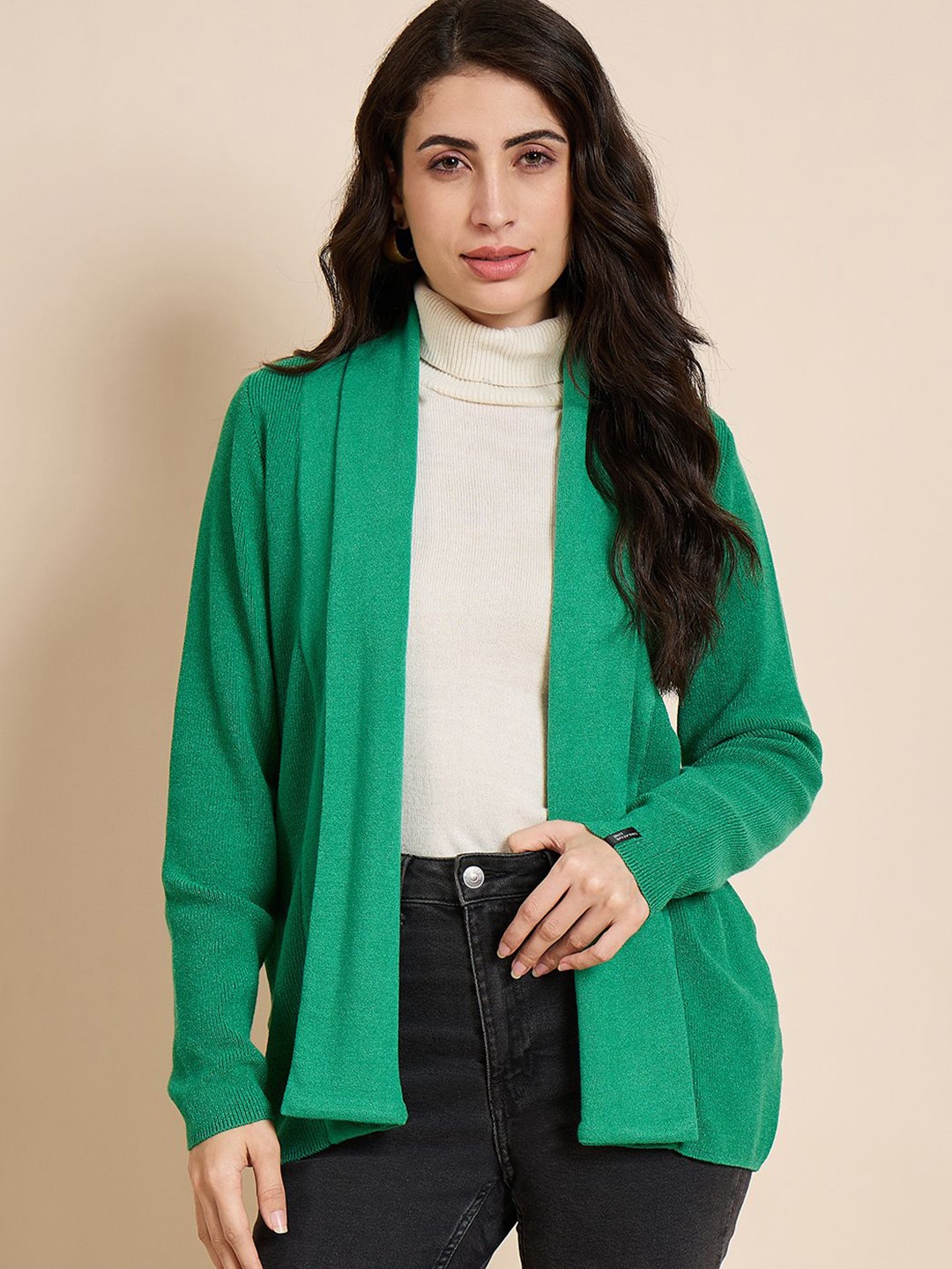 

CREATIVE LINE Self Design Woollen Open Front Shrug, Green