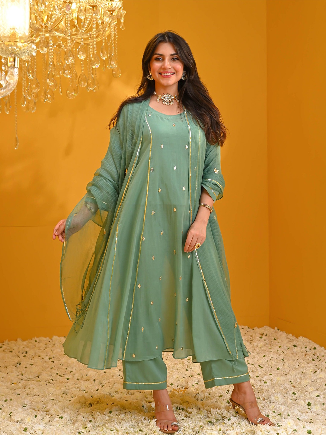 

Bunaai Floral Embroidered Gotta Patti Anarkali Kurta With Palazzo & Dupatta, Green