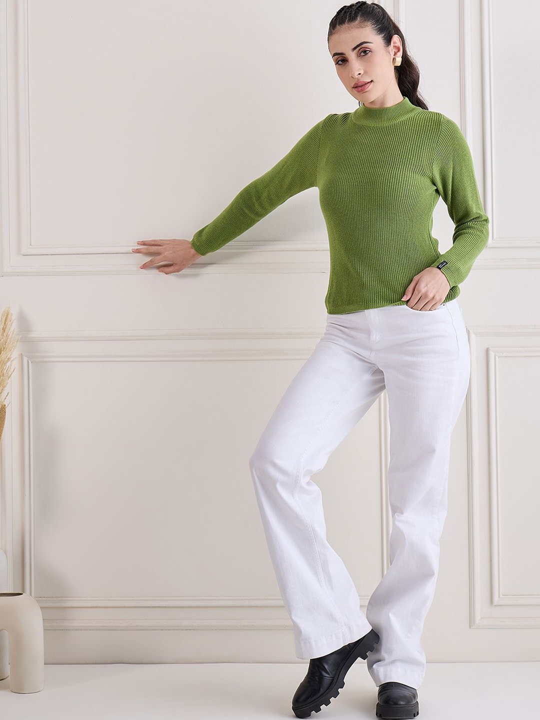 

CREATIVE LINE Women Woollen Self Desgin Knitted Top, Green