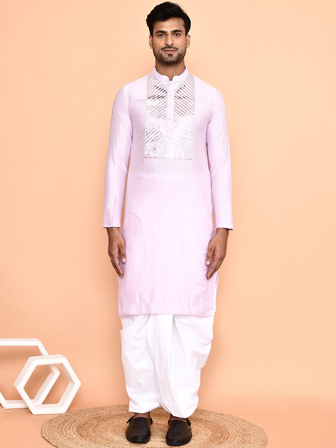 

Arihant Rai Sinha Striped Yoke Design Regular Sequinned Kurta With Dhoti Pant, Pink