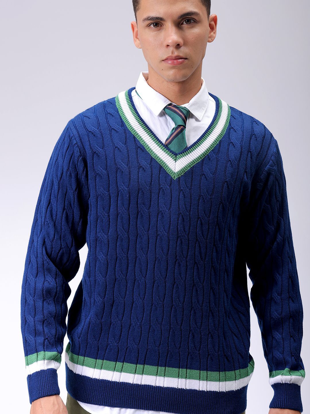 

The Indian Garage Co Men Cable Knit Self Design Pullover Sweaters, Navy blue