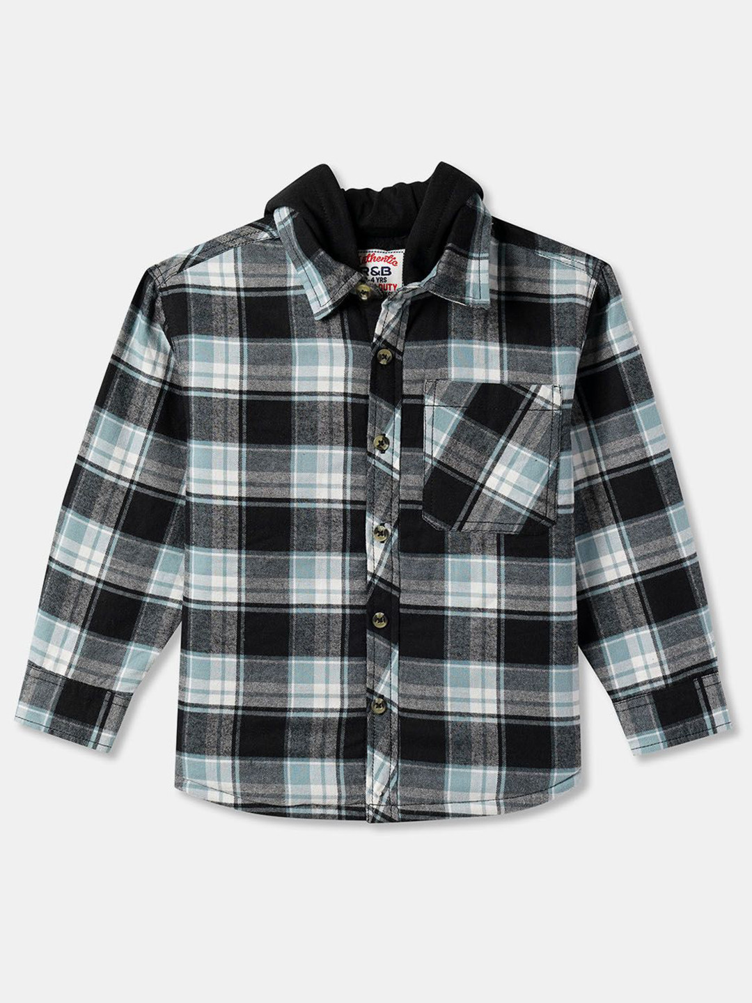 

R&B Boys Button-Down Collar Tartan Checked Cotton Casual Shirt, Black