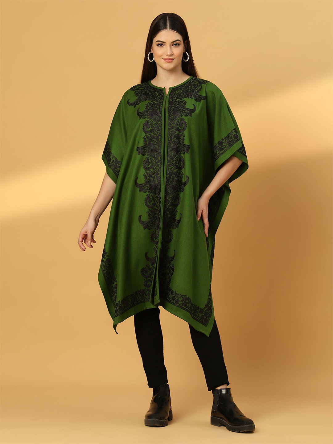 

Zamour Floral Kashmiri Embroidered Open Front Pheran Shrug, Olive