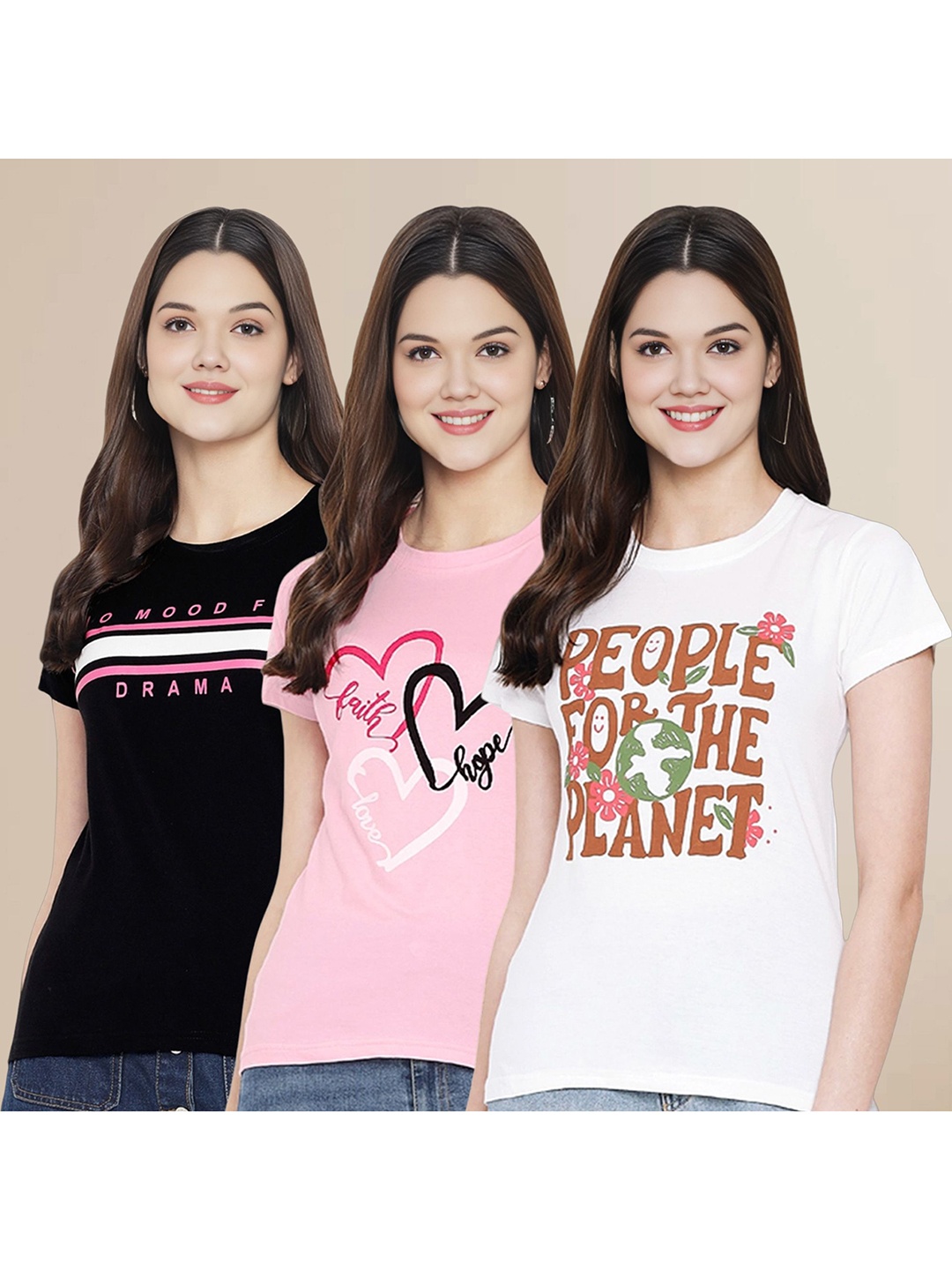 

Metronaut Women Pack Of 3 Typography Printed Round Neck Cotton T-shirts, Black