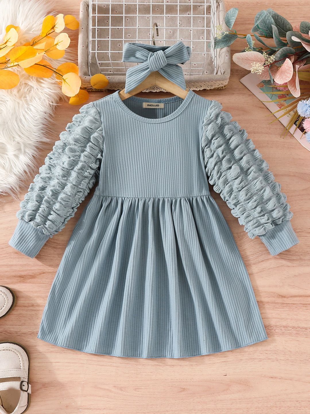 

INCLUD Girls Gathered or Pleated Fit & Flare Dress, Grey