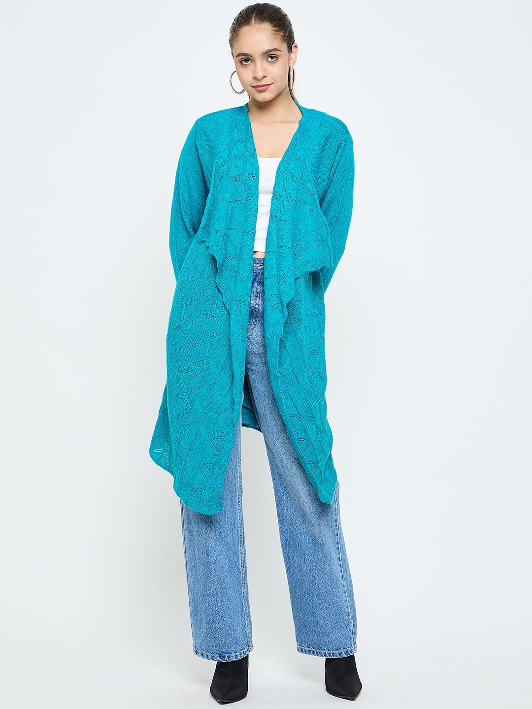 

CREATIVE LINE Self Design Longline Woollen Open Front Shrug, Blue